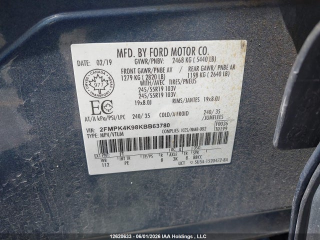 12620633 :رقم المزاد ، 2FMPK4K98KBB63780 vin ، 2019 Ford Edge Titanium مزاد بيع