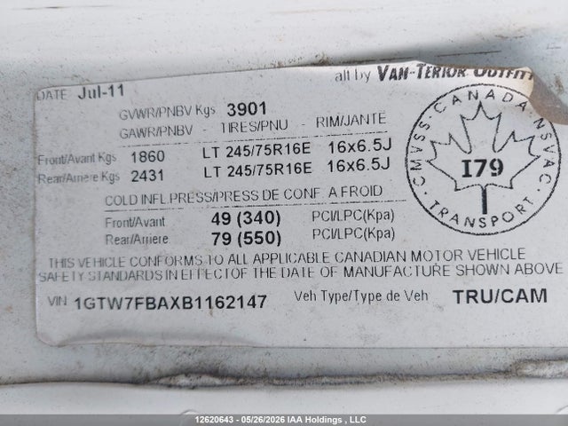 Продаж на аукціоні авто 2011 Gmc Savana G2500, vin: 1GTW7FBAXB1162147, номер лоту: 12620643