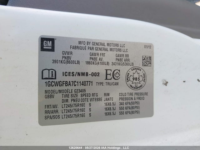 Aukcja sprzedaży 2012 Chevrolet Express G2500, vin: 1GCWGFBA7C1140771, numer aukcji: 12620644