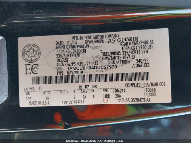 12620653 :رقم المزاد ، 1FMCU0H94DUC27979 vin ، 2013 Ford Escape Sel مزاد بيع