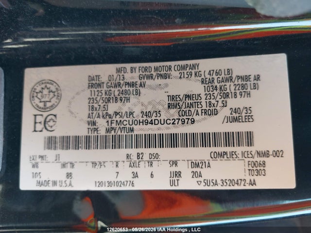 12620653 :رقم المزاد ، 1FMCU0H94DUC27979 vin ، 2013 Ford Escape Sel مزاد بيع