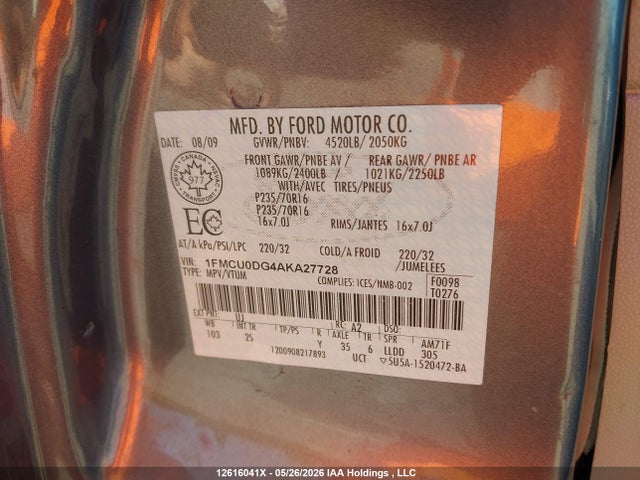 Продаж на аукціоні авто 2010 Ford Escape Xlt Automatic, vin: 1FMCU0DG4AKA27728, номер лоту: 12616041