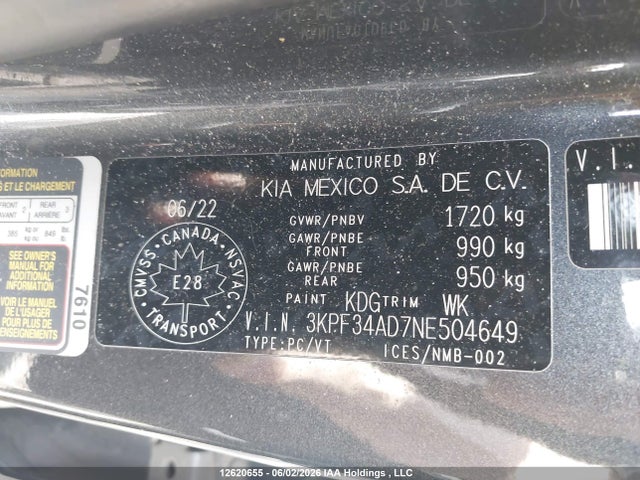 2022 Kia Forte Ex/ex Premium/ex+/gt-line მანქანა იყიდება აუქციონზე, vin: 3KPF34AD7NE504649, აუქციონის ნომერი: 12620655