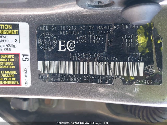 2019 Toyota Camry L/le/xle/se/xse მანქანა იყიდება აუქციონზე, vin: 4T1B11HK1KU735174, აუქციონის ნომერი: 12620662