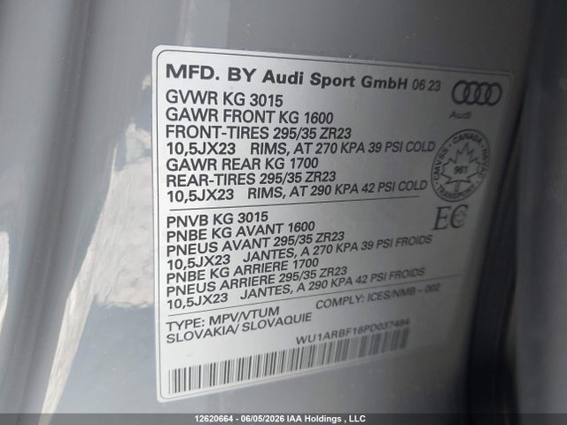 Продаж на аукціоні авто 2023 Audi Rs Q8 4.0t, vin: WU1ARBF16PD037484, номер лоту: 12620664