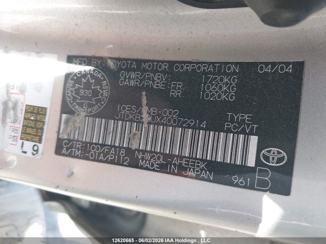 Aukcja sprzedaży 2004 Toyota Prius, vin: JTDKB20UX40072914, numer aukcji: 12620665