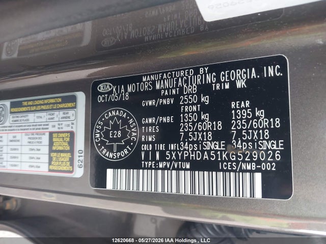 2019 Kia Sorento Ex/ex Sport მანქანა იყიდება აუქციონზე, vin: 5XYPHDA51KG529026, აუქციონის ნომერი: 12620668