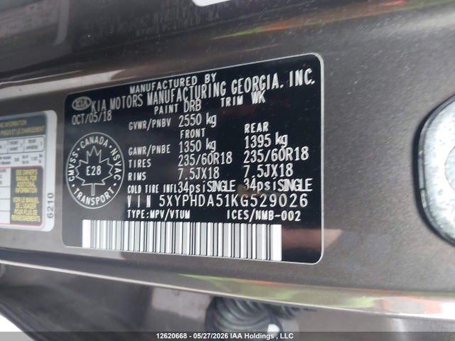 2019 Kia Sorento Ex/ex Sport მანქანა იყიდება აუქციონზე, vin: 5XYPHDA51KG529026, აუქციონის ნომერი: 12620668
