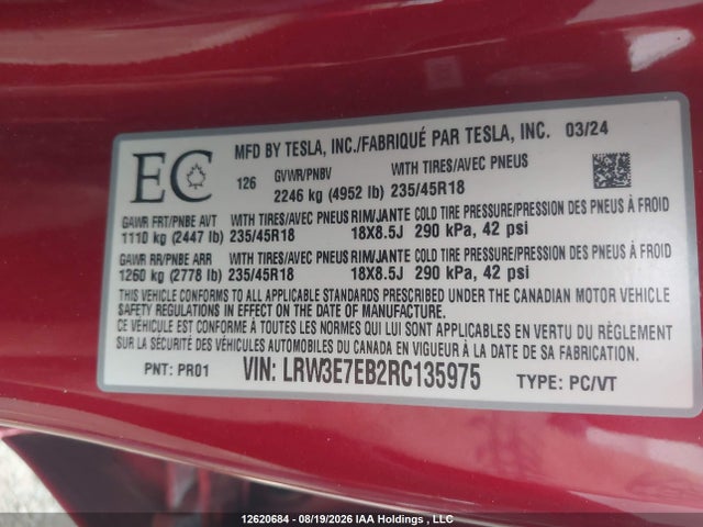LRW3E7EB2RC135975 Tesla MODEL 3