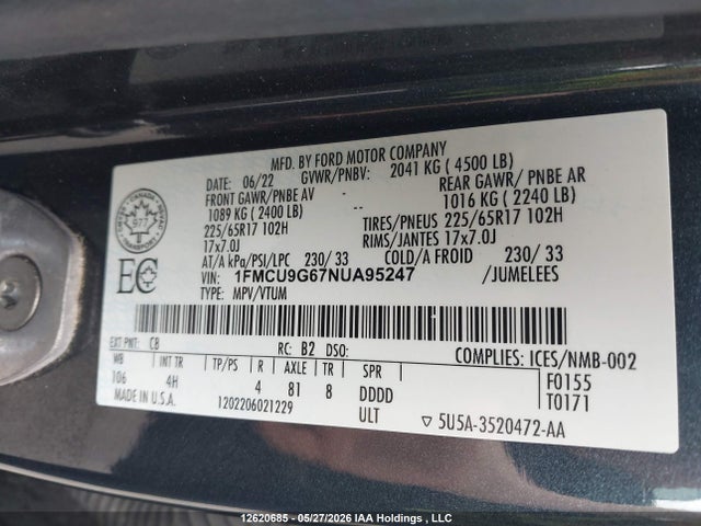 Продажа на аукционе авто 2022 Ford Escape Se, vin: 1FMCU9G67NUA95247, номер лота: 12620685