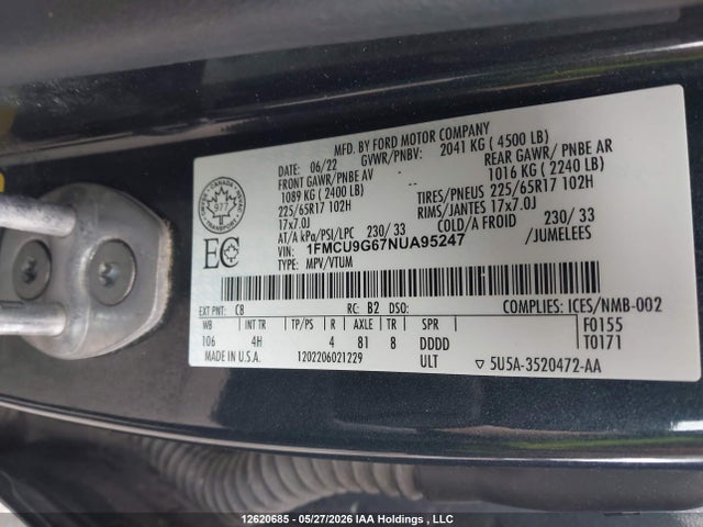 Продажа на аукционе авто 2022 Ford Escape Se, vin: 1FMCU9G67NUA95247, номер лота: 12620685