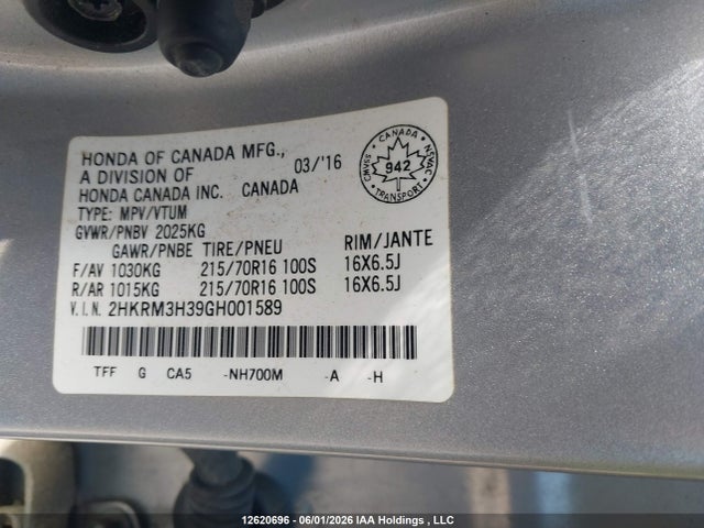 12620696 :رقم المزاد ، 2HKRM3H39GH001589 vin ، 2016 Honda Cr-v Lx مزاد بيع