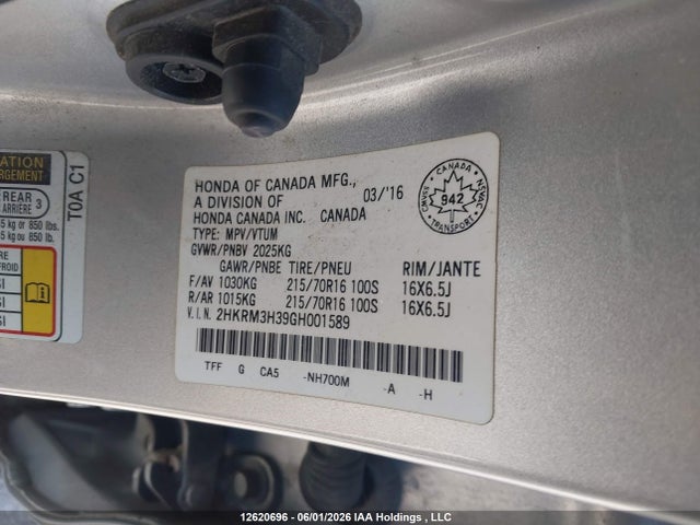 12620696 :رقم المزاد ، 2HKRM3H39GH001589 vin ، 2016 Honda Cr-v Lx مزاد بيع