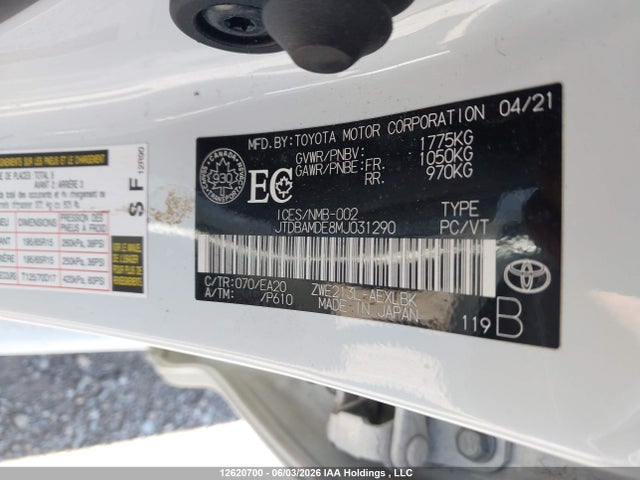 12620700 :رقم المزاد ، JTDBAMDE8MJ031290 vin ، 2021 Toyota Corolla Hybrid مزاد بيع