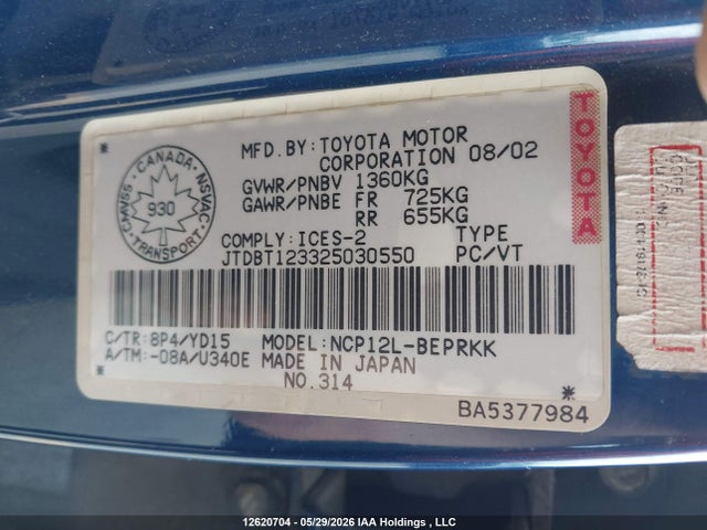 Продажа на аукционе авто 2002 Toyota Echo, vin: JTDBT123325030550, номер лота: 12620704