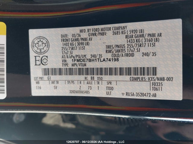 12620707 :رقم المزاد ، 1FMDE7BH1TLA74198 vin ، 2026 Ford Bronco Big Bend مزاد بيع