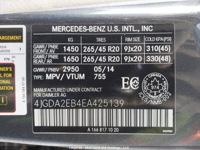 Продаж на аукціоні авто 2014 Mercedes-benz Ml 350 Bluetec, vin: 4JGDA2EB4EA425139, номер лоту: 12620708