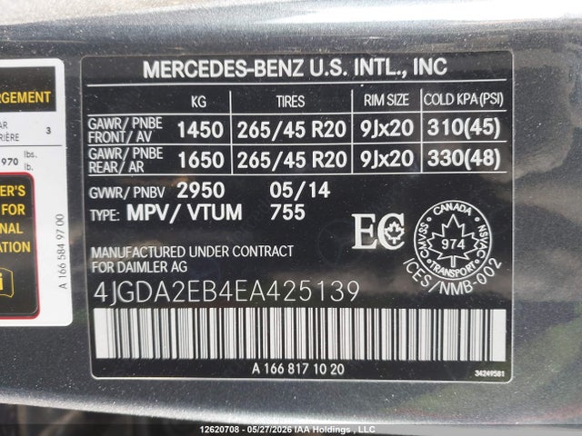 Продаж на аукціоні авто 2014 Mercedes-benz Ml 350 Bluetec, vin: 4JGDA2EB4EA425139, номер лоту: 12620708