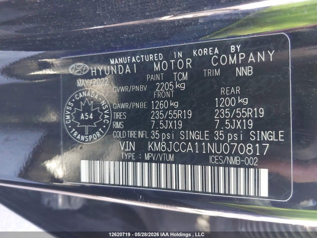 2022 Hyundai Tucson Luxury/ultimate მანქანა იყიდება აუქციონზე, vin: KM8JCCA11NU070817, აუქციონის ნომერი: 12620719