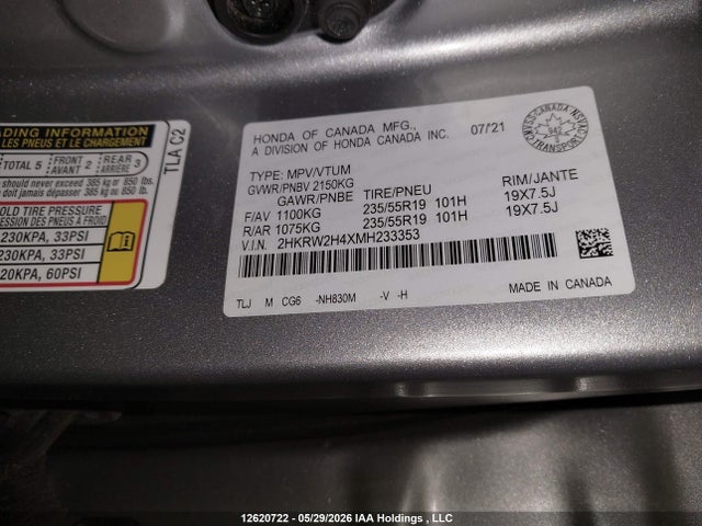 2021 Honda Cr-v Sport მანქანა იყიდება აუქციონზე, vin: 2HKRW2H4XMH233353, აუქციონის ნომერი: 12620722