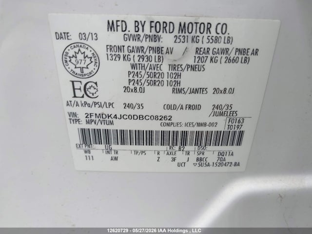 2013 Ford Edge Sel მანქანა იყიდება აუქციონზე, vin: 2FMDK4JC0DBC08262, აუქციონის ნომერი: 12620729