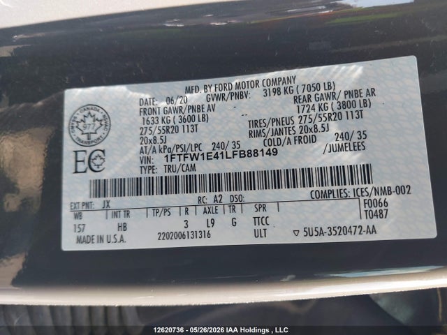 Продажа на аукционе авто 2020 Ford F150 Supercrew, vin: 1FTFW1E41LFB88149, номер лота: 12620736