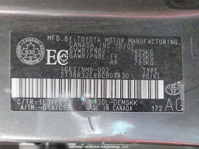 Aukcja sprzedaży 2008 Toyota Corolla Ce/le/sport, vin: 2T1BR32E88C907430, numer aukcji: 12616584