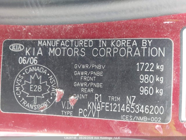 Продажа на аукционе авто 2006 Kia Spectra Lx/ex, vin: KNAFE121465346200, номер лота: 12620745