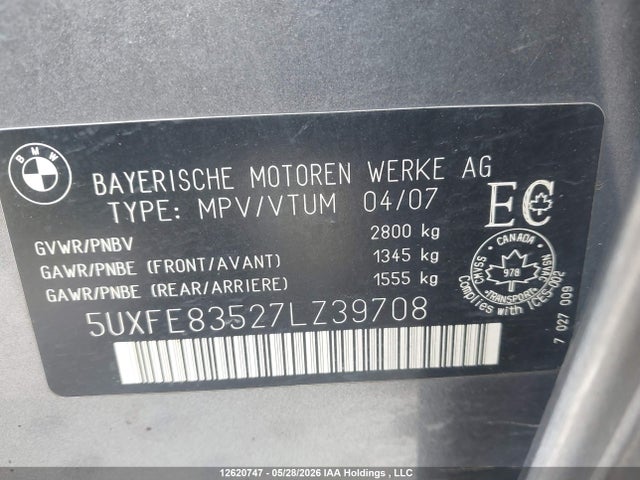12620747 :رقم المزاد ، 5UXFE83527LZ39708 vin ، 2007 Bmw X5 4.8i مزاد بيع