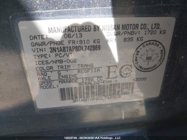 Aukcja sprzedaży 2013 Nissan Sentra S/sv/sr/sl, vin: 3N1AB7AP8DL742869, numer aukcji: 12620748
