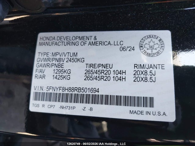 Продажа на аукционе авто 2024 Honda Passport Black Edition, vin: 5FNYF8H88RB501694, номер лота: 12620749