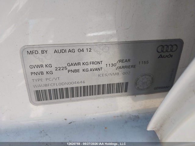 2013 Audi A4 2.0t მანქანა იყიდება აუქციონზე, vin: WAUBFCFL0DN004646, აუქციონის ნომერი: 12620758
