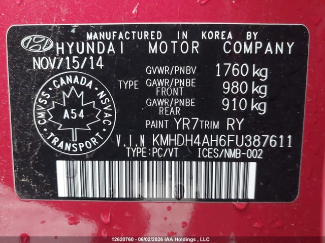 Продаж на аукціоні авто 2015 Hyundai Elantra Se/sport/limited, vin: KMHDH4AH6FU387611, номер лоту: 12620760