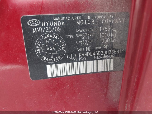 2009 Hyundai Elantra Gls/se მანქანა იყიდება აუქციონზე, vin: KMHDU45D39U736814, აუქციონის ნომერი: 12620784