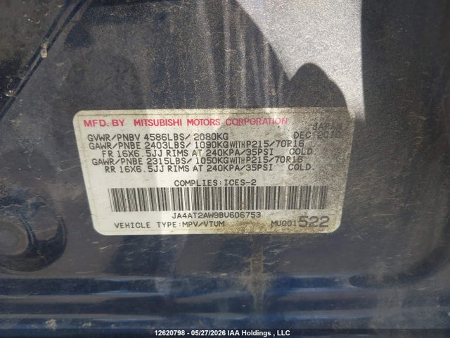 Aukcja sprzedaży 2011 Mitsubishi Outlander, vin: JA4AT2AW9BU606753, numer aukcji: 12620798