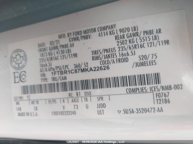 1FTBR1C87MKA22626 Ford Transit-250 Cargo