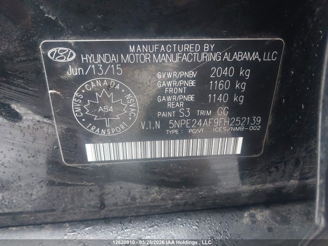 2015 Hyundai Sonata Se მანქანა იყიდება აუქციონზე, vin: 5NPE24AF9FH252139, აუქციონის ნომერი: 12620810