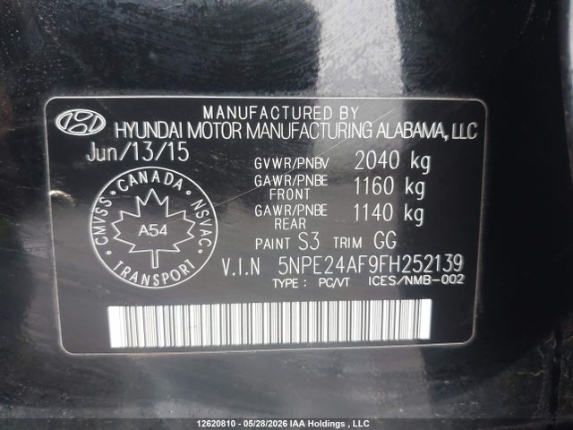 2015 Hyundai Sonata Se მანქანა იყიდება აუქციონზე, vin: 5NPE24AF9FH252139, აუქციონის ნომერი: 12620810