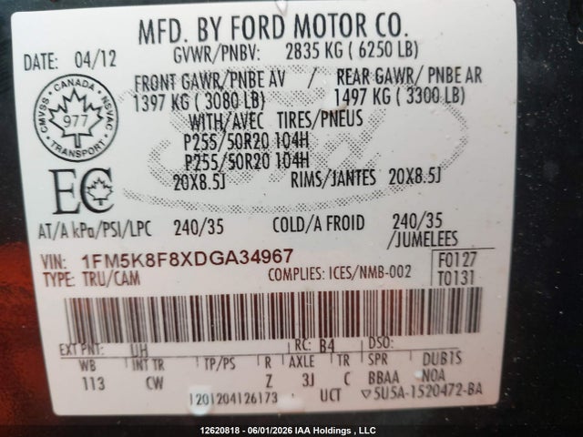 2013 Ford Explorer Limited მანქანა იყიდება აუქციონზე, vin: 1FM5K8F8XDGA34967, აუქციონის ნომერი: 12620818
