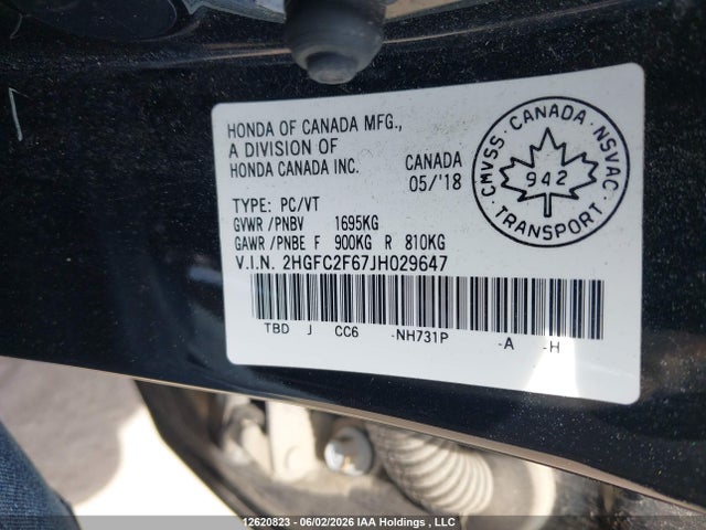 12620823 :رقم المزاد ، 2HGFC2F67JH029647 vin ، 2018 Honda Civic Se مزاد بيع
