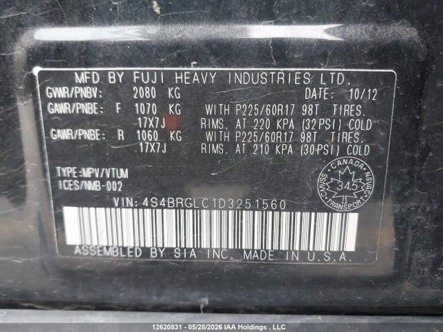 12620831 :رقم المزاد ، 4S4BRGLC1D3251560 vin ، 2013 Subaru Outback 2.5i Limited مزاد بيع