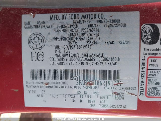 2006 Ford Fusion Se მანქანა იყიდება აუქციონზე, vin: 3FAFP07186R191721, აუქციონის ნომერი: 12620836