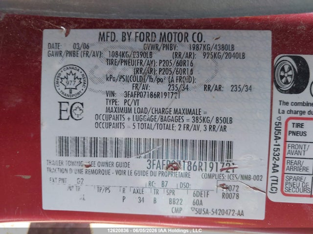 2006 Ford Fusion Se მანქანა იყიდება აუქციონზე, vin: 3FAFP07186R191721, აუქციონის ნომერი: 12620836