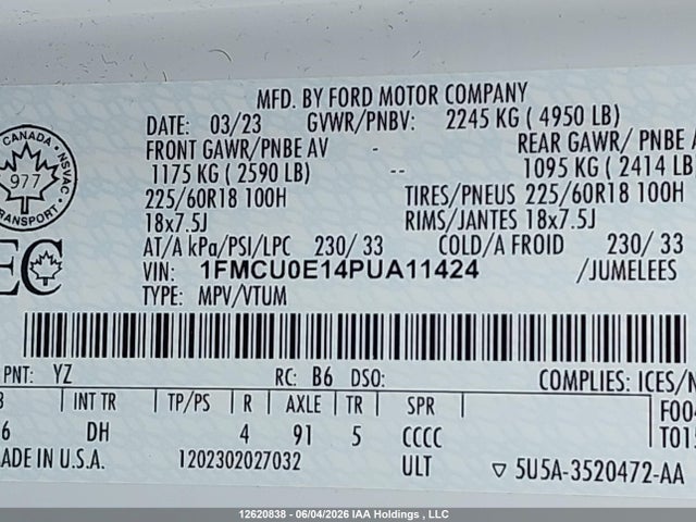 Auction sale of the 2023 Ford Escape, vin: 1FMCU0E14PUA11424, lot number: 12620838