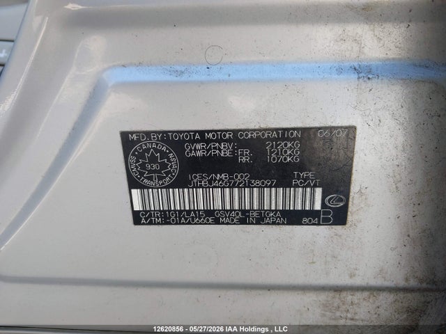 12620856 :رقم المزاد ، JTHBJ46G772138097 vin ، 2007 Lexus Es 350 350 مزاد بيع