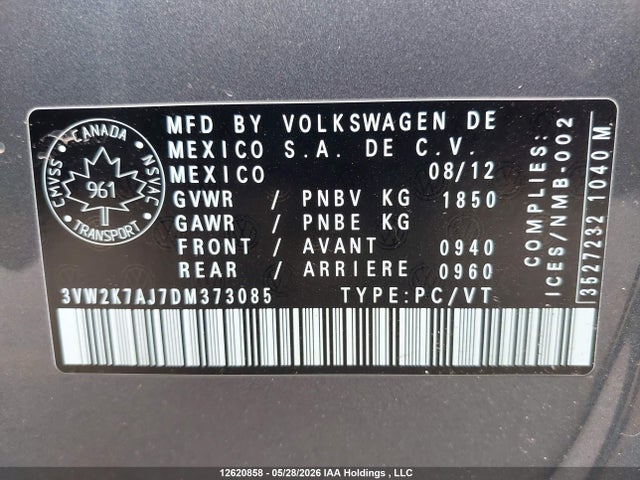 12620858 :رقم المزاد ، 3VW2K7AJ7DM373085 vin ، 2013 Volkswagen Jetta مزاد بيع