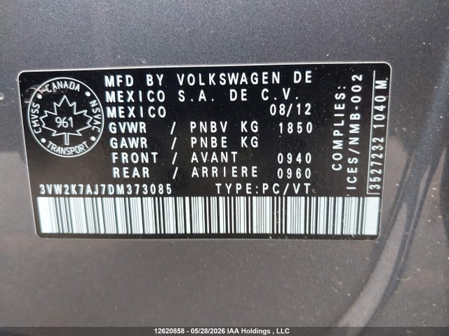 12620858 :رقم المزاد ، 3VW2K7AJ7DM373085 vin ، 2013 Volkswagen Jetta مزاد بيع