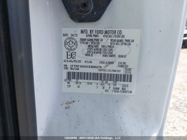 12620859 :رقم المزاد ، 1FTRF3A63CEB90278 vin ، 2012 Ford F350 Super Duty مزاد بيع