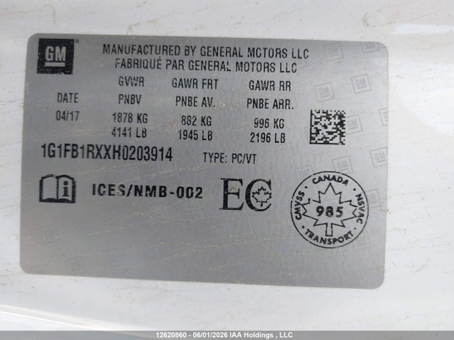 12620860 :رقم المزاد ، 1G1FB1RXXH0203914 vin ، 2017 Chevrolet Camaro Lt مزاد بيع