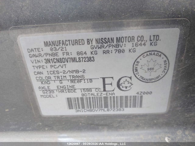 12620867 :رقم المزاد ، 3N1CN8DV7ML872383 vin ، 2021 Nissan Versa S مزاد بيع